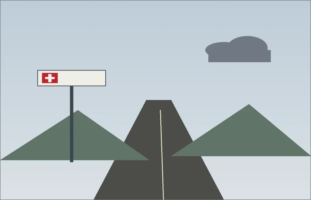 Strada svizzera con cartelli stradali, cielo variabile e moto in percorrenza ordinata