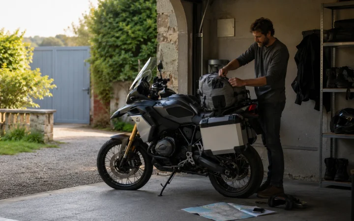 Motociclista solo che prepara la moto prima di partire