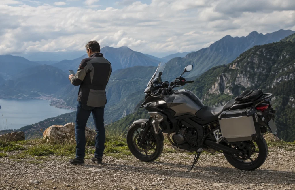 Motociclista solo che controlla la navigazione durante una sosta
