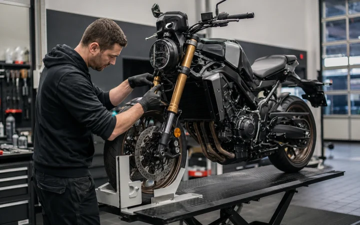 Moto in officina per il tagliando prima della stagione