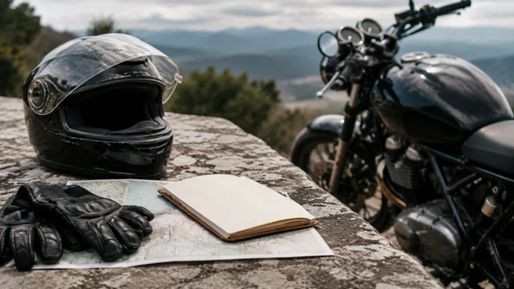 Casco guanti e appunti di viaggio durante una sosta in moto