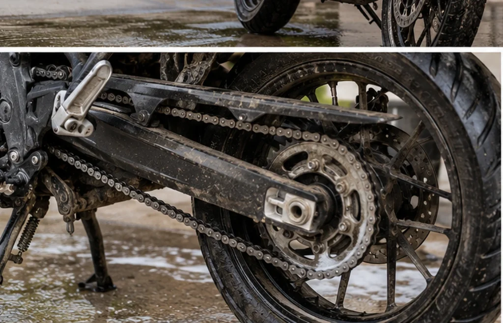 Dettaglio della catena e del cerchio posteriore di una moto dopo la pulizia