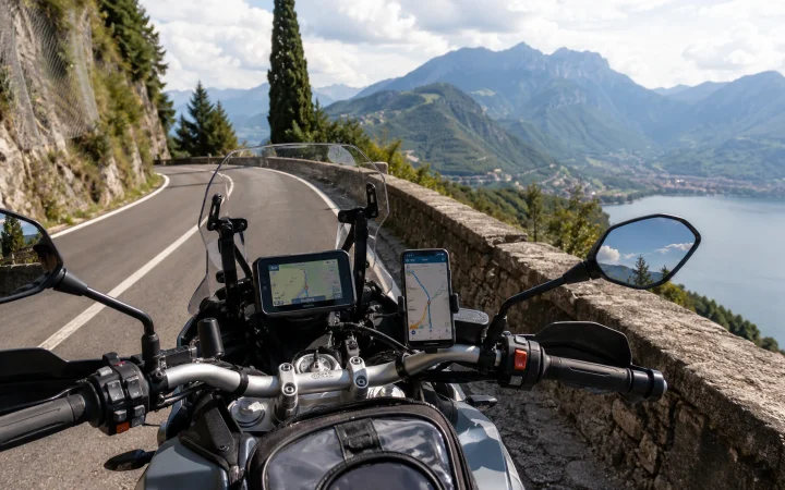 Moto da viaggio con navigatore e smartphone su una strada lombarda
