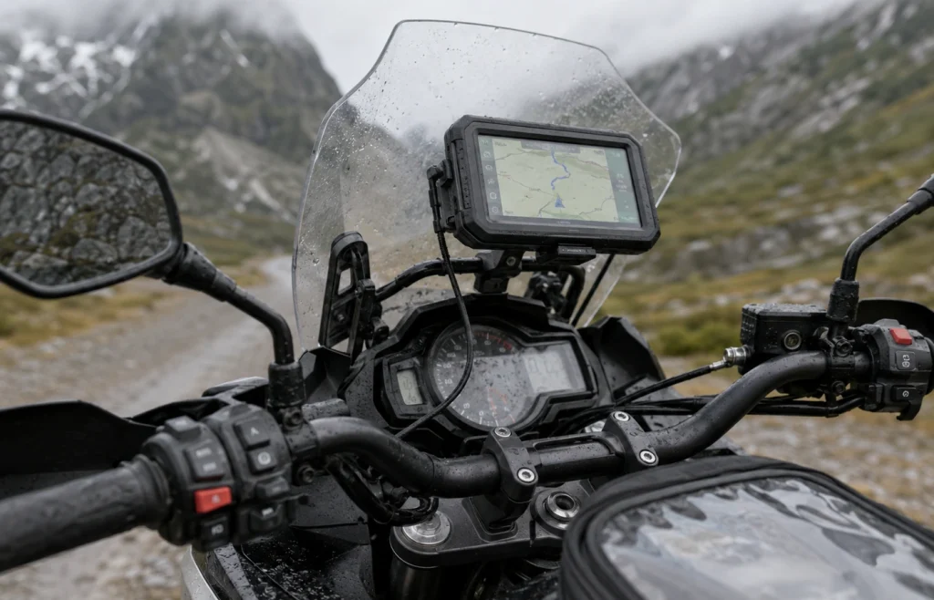 Dettaglio di manubrio moto con navigatore, supporto e alimentazione