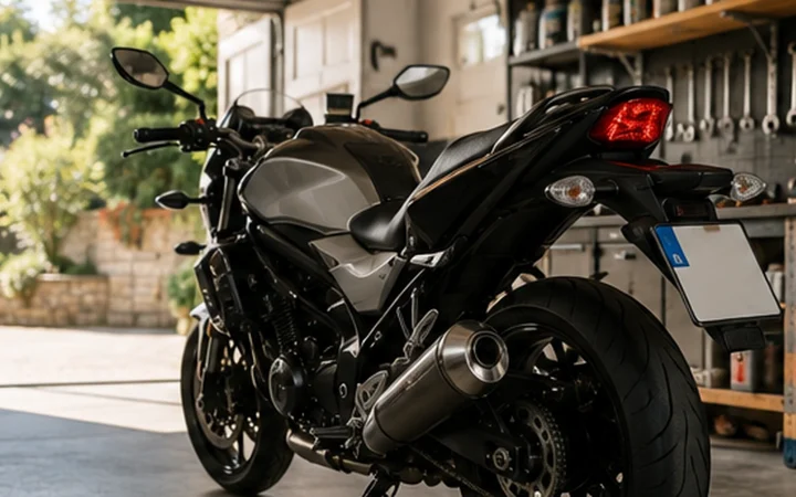 Moto in garage durante un controllo visivo dei liquidi prima della stagione