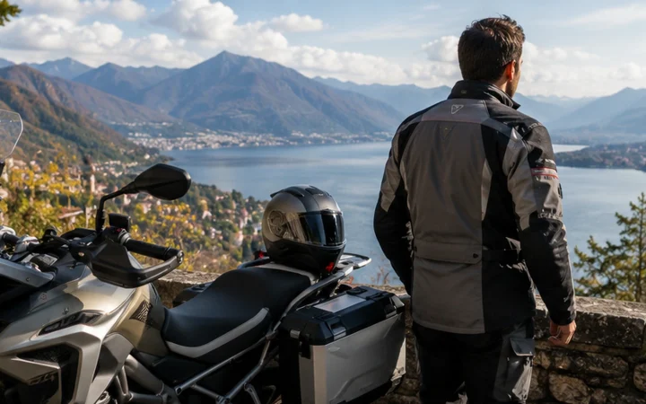 Motociclista con giacca touring quattro stagioni durante una sosta in Lombardia