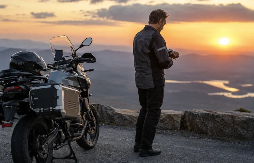 Motociclista che controlla l'orario e la luce durante una sosta panoramica