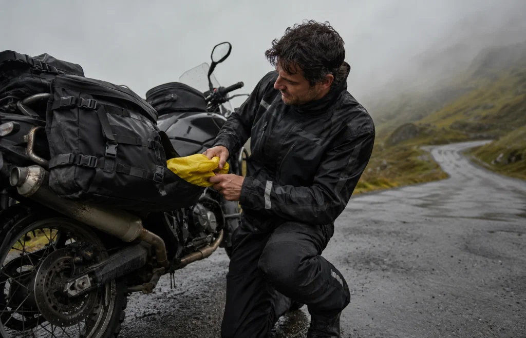 Motociclista che prende l'antipioggia dal bagaglio prima della pioggia