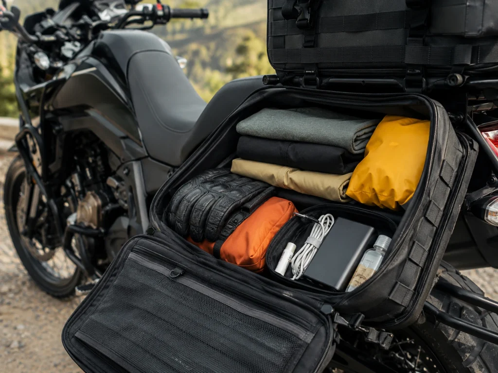 Borsa moto aperta con bagaglio ordinato per un weekend