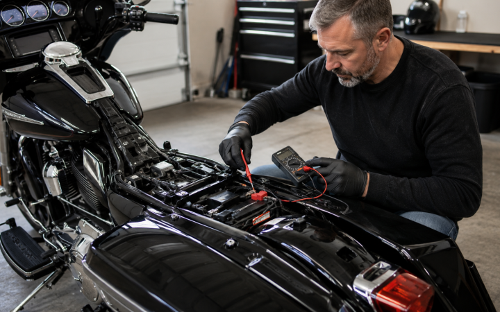 Controllo della batteria di una moto in garage con un tester