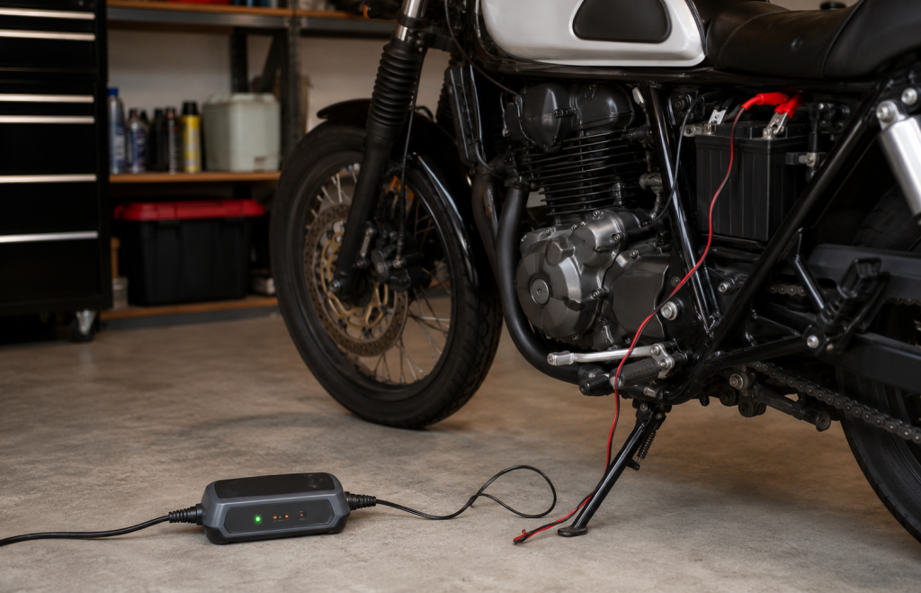 Mantenitore collegato alla batteria di una moto ferma in garage