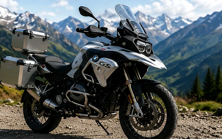 BMW GS con borse da viaggio su una strada alpina