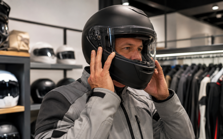 Motociclista che prova un casco integrale in un negozio di abbigliamento moto