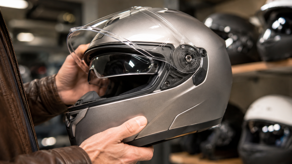 Casco integrale visto da vicino con visiera sollevata e meccanismo laterale in evidenza