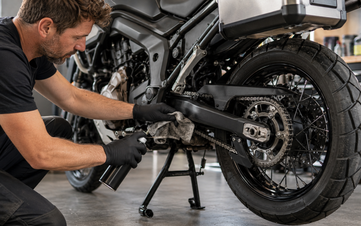 Manutenzione della catena di una moto da viaggio in officina
