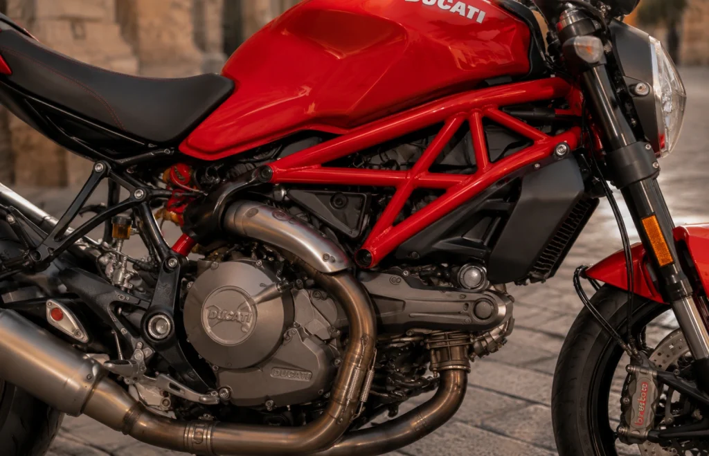 Dettaglio del telaio a traliccio e del motore della Ducati Monster