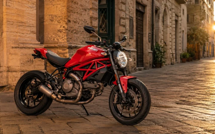 Ducati Monster parcheggiata in un centro storico al tramonto