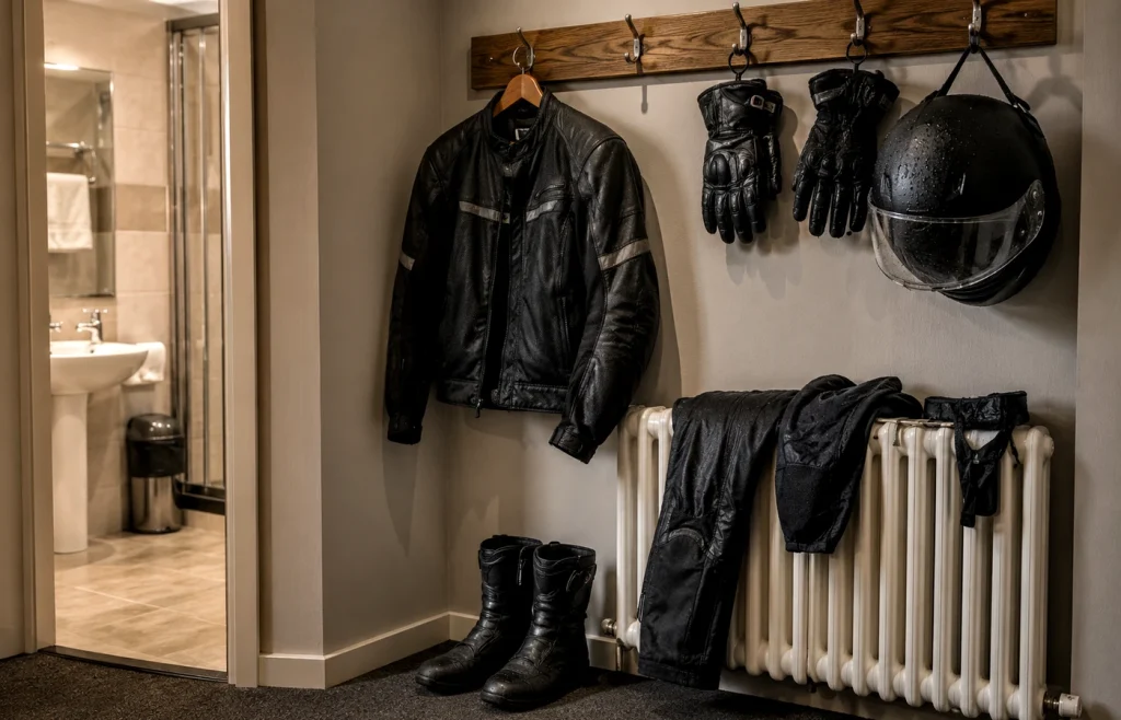 Casco e attrezzatura moto da gestire durante una sosta in hotel
