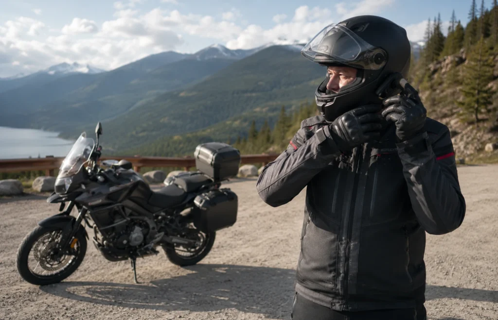 Motociclista che regola l'interfono durante una sosta