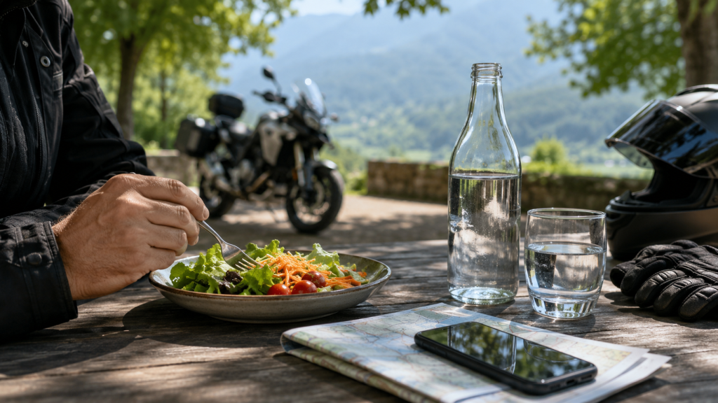 Insalata, acqua e mappa su un tavolo durante una pausa in moto