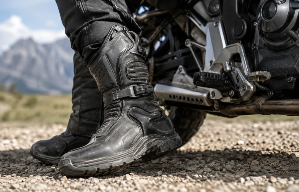 Dettaglio di stivali moto da turismo durante una sosta