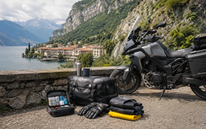 Moto da turismo con borse laterali pronta per un weekend panoramico